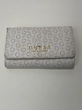 GUESS White Logo Monogram Fold Wallet with Gold Hardware
